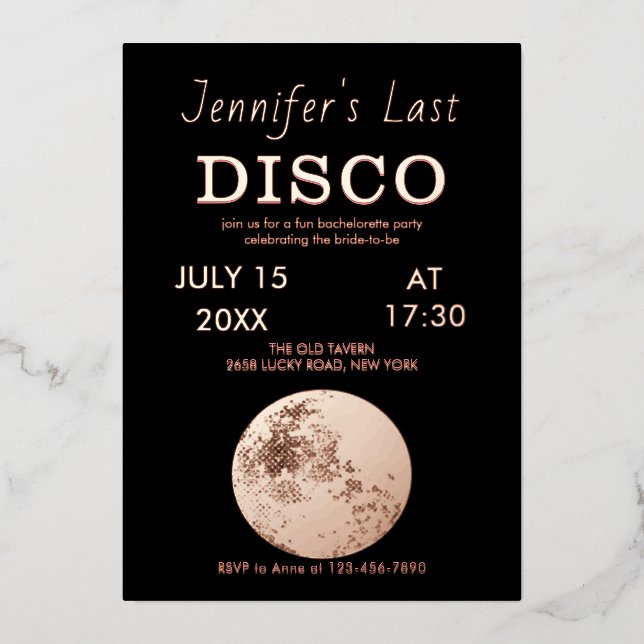 Rose gold sparkling disco ball Bride's last disco Foil Invitation (Front)