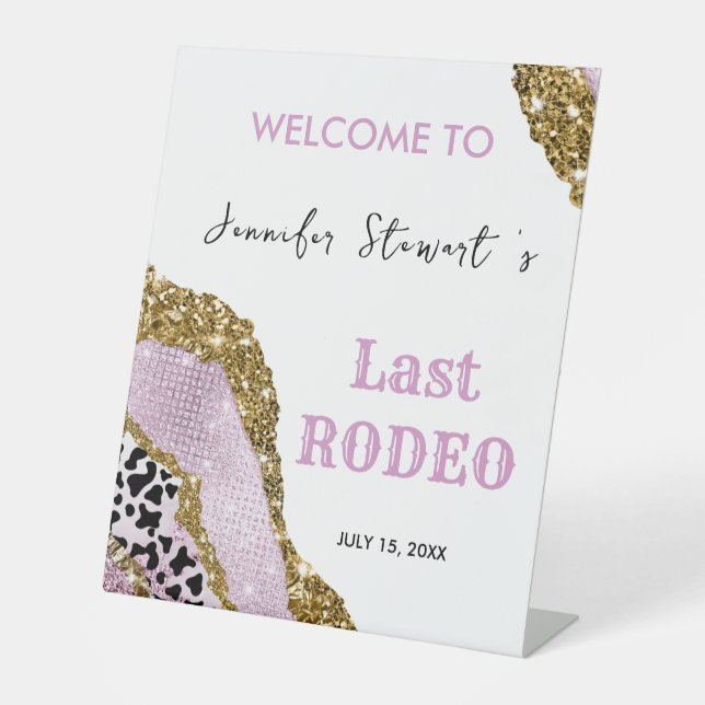 Rose gold sparkling glitter disco bachelorette  pedestal sign (Front)