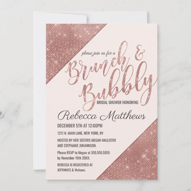 Rose Gold Sparkling Glitter Sequin Brunch Bubbly Invitation (Front)