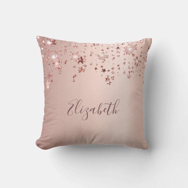 Rose gold sparkling stars girly pink metallic name throw pillow (Front)