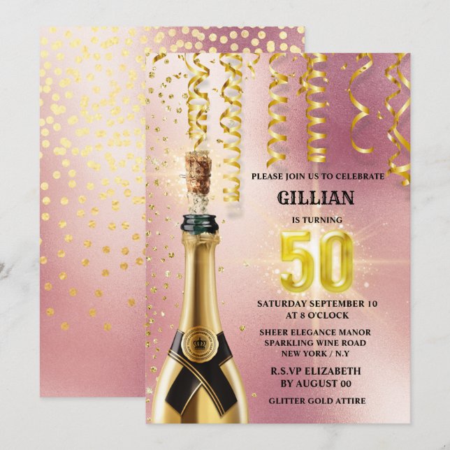 Rose gold sparkling wine glitter shimmer streamers invitation (Front/Back)