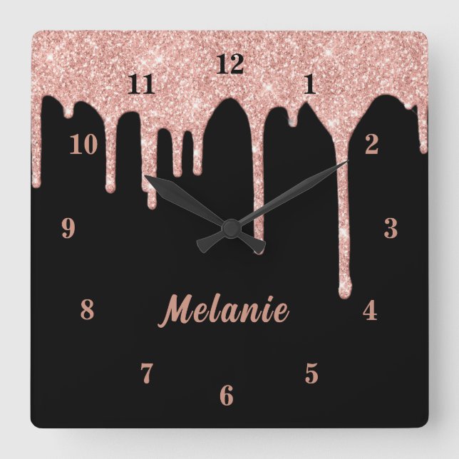  Rose Gold Sparkly Drips Black Clock Custom Name (Front)