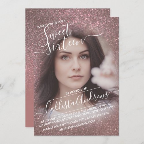 Rose Gold Sparkly Glitter Ombre Photo Sweet 16 Invitation