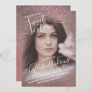 Rose Gold Sparkly Glitter Ombre Photo Sweet 16 Invitation