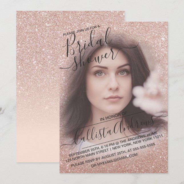 Rose Gold Sparkly Glitter Photo Bridal Shower Invitation (Front/Back)