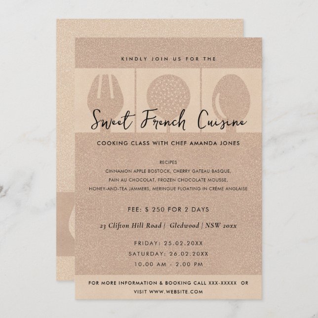 ROSE GOLD SPOON FORK COOKERY CLASS INVITE TEMPLATE (Front/Back)
