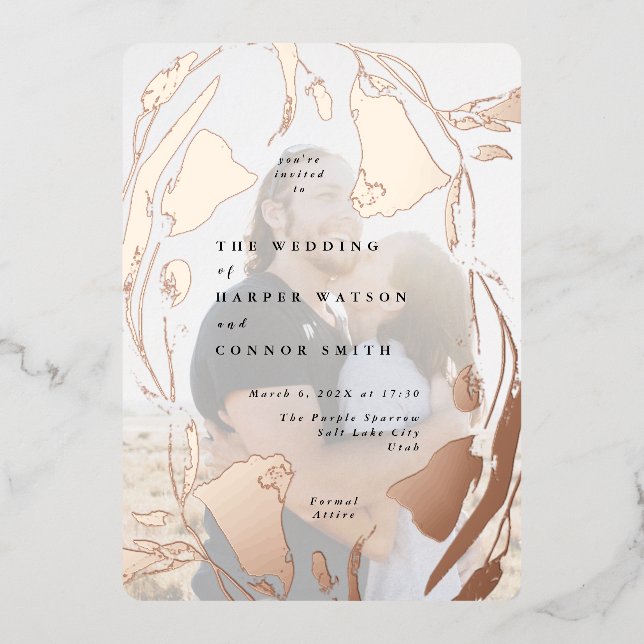 Rose Gold Spring Boho Wildflower Wedding Photo Foil Invitation (Front)