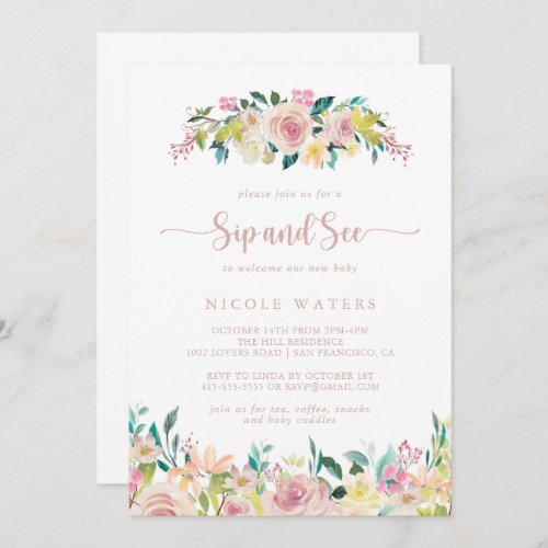 Rose Gold Spring Floral Sip and See  Invitation
