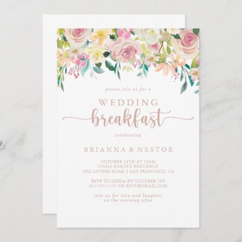 Rose Gold Spring Floral Wedding Breakfast  Invitation