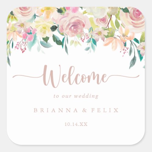 Rose Gold Spring Floral Wedding Welcome   Square Sticker