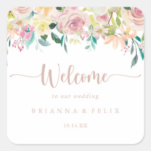 Rose Gold Spring Floral Wedding Welcome Square Sticker