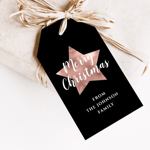 Rose Gold Star Black Merry Christmas  Gift Tags