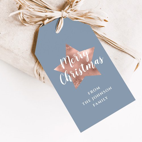 Rose Gold Star Dusty Blue Merry Christmas  Gift Tags