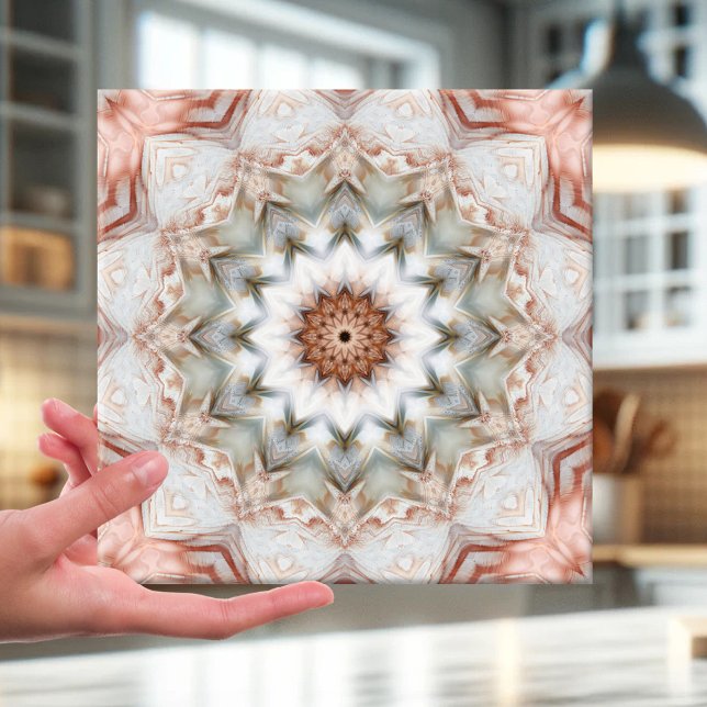 Rose Gold Star Feather Geometric Pattern Tile (Nature inspired star mosaic design tile in light colors with rose gold effects)