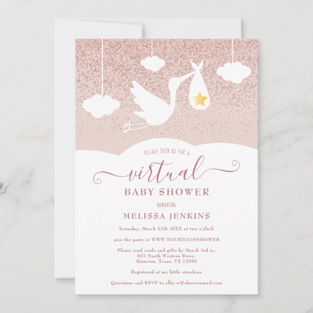 Rose Gold Star Stork Glitter Virtual Baby Shower Invitation (Front)