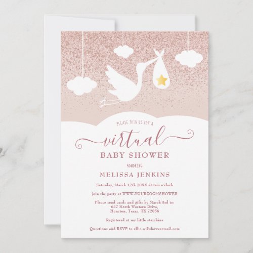 Rose Gold Star Stork Glitter Virtual Baby Shower Invitation