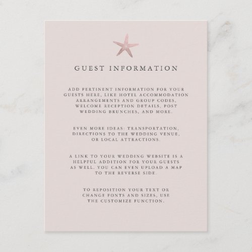 Rose Gold Starfish coastal wedding guest Details Enclosure Card