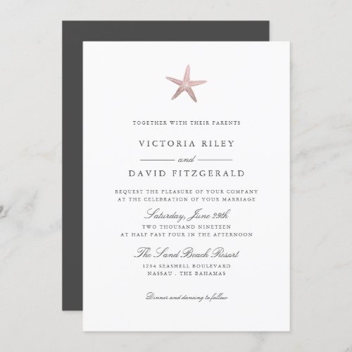 Rose Gold  Starfish Elegant Ocean Beach wedding Invitation