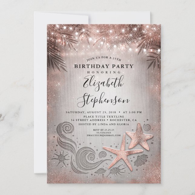 Rose Gold Starfish Tropical Beach Lights Birthday Invitation (Front)