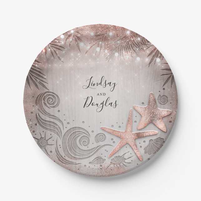 Rose Gold Starfish Tropical Beach Wedding Paper Plates (Front)