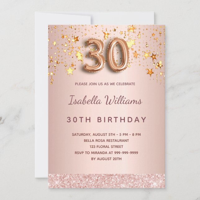 Rose gold stars 30th birthday invitation (Front)