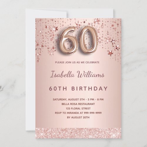 Rose gold stars 60th birthday invitation