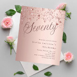 Rose gold stars budget 70th birthday invitation<br><div class="desc">A modern,  stylish invitation for a 70th birthday party.  Rose gold gradient background and the word Seventy written with elegant large script letters in dark rose gold. Decorated with rose gold colored stars. Personalize and add a name and party details. 

1 sheet = 1 invitation printed edge to edge.</div>