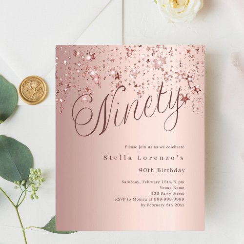 Rose gold stars budget 90th birthday invitation