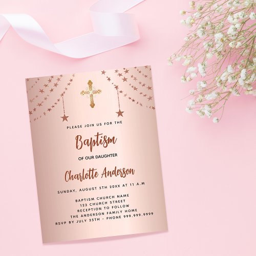 Rose gold stars budget baptism invitation