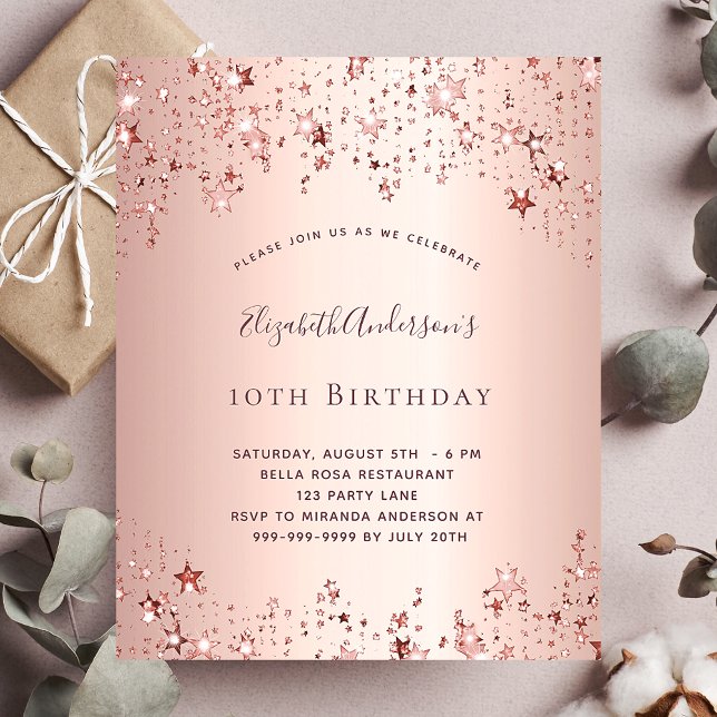 Rose gold stars budget birthday invitation (Creator Uploaded)