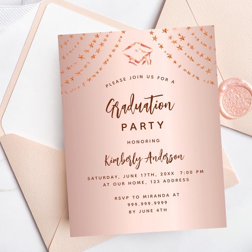 Rose gold stars budget graduation party invitation flyer