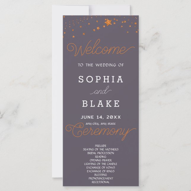 Rose Gold Stars Celestial Gray Wedding Program (Front)