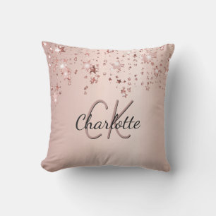 Rose gold stars monogram name outdoor pillow