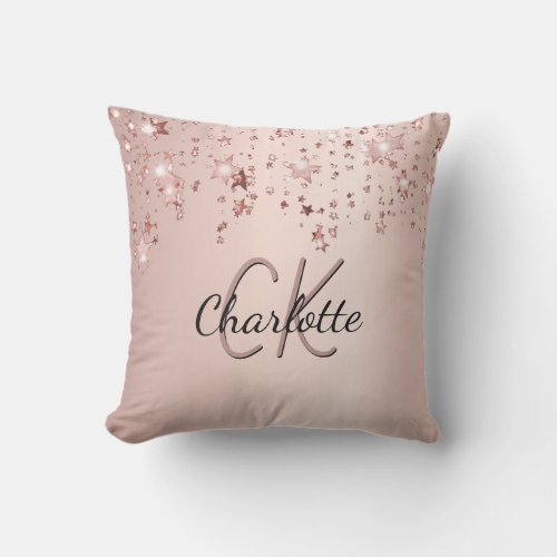 Rose gold stars monogram name  outdoor pillow