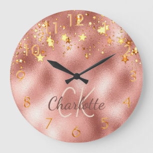 Rose gold stars monogram script large clock