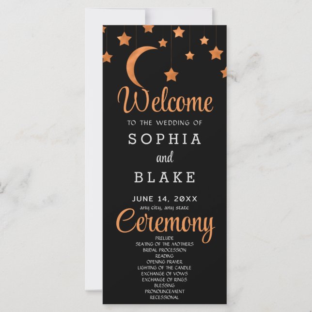 Rose Gold Stars Moon Black Wedding Program (Front)