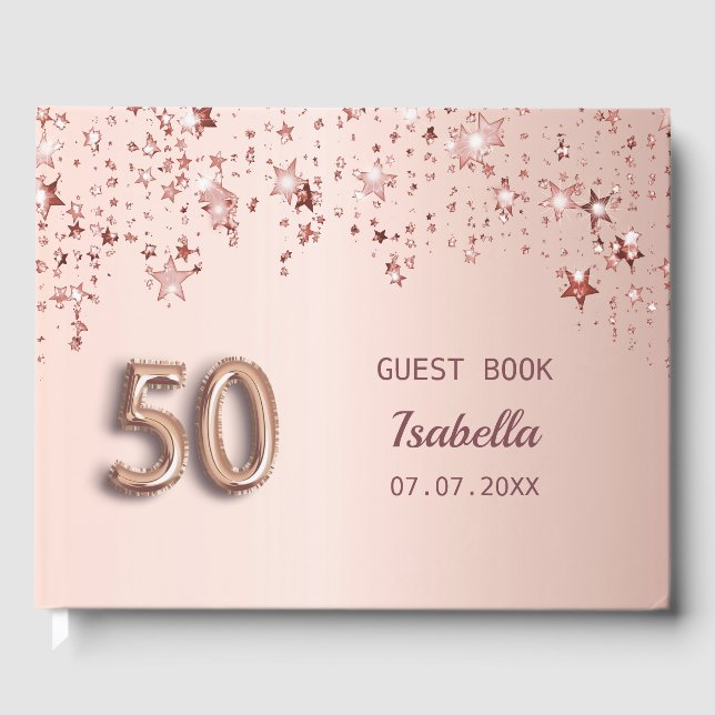 Rose gold stars name 50th birthday guest book (Front)