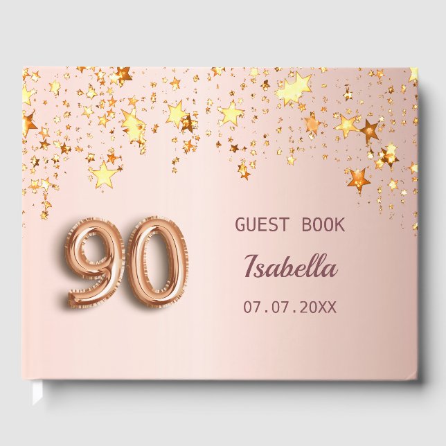 Rose gold stars name 90th birthday guest book (Front)