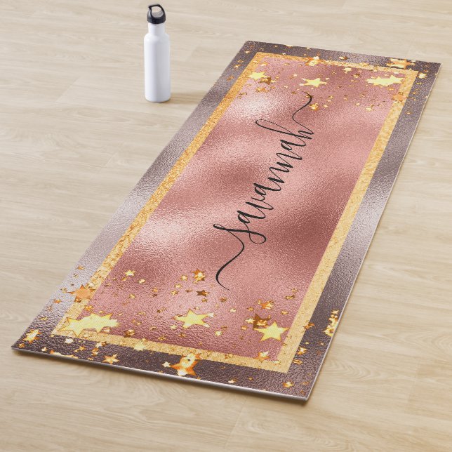 Rose gold stars name script glamorous yoga mat (In Situ)