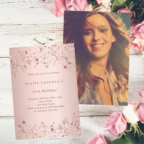 Rose gold stars photo birthday invitation