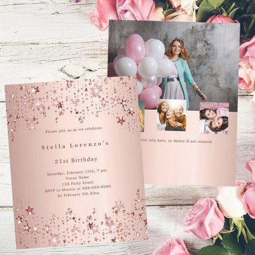 Rose gold stars photo budget birthday invitation