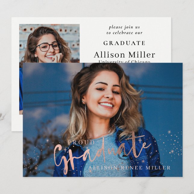 Rose Gold Stars Proud Graduate Photo Graduation Invitation (Front/Back)