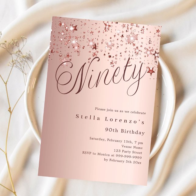 Rose gold stars script 90th birthday invitation (Creator Uploaded)