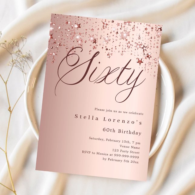 Rose gold stars script luxury 60th birthday invitation (Creator Uploaded)
