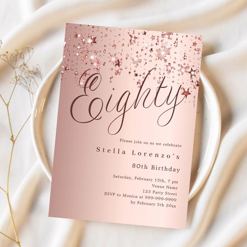 Rose gold stars script luxury 80th birthday invitation