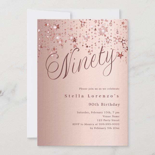 Rose gold stars script luxury 90th birthday invitation (Front)