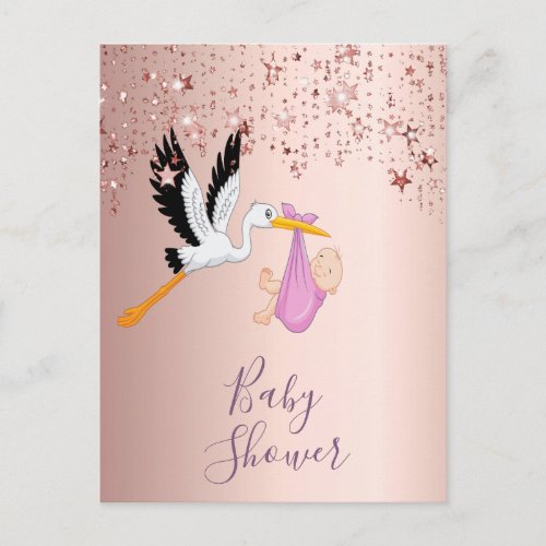 Rose gold stars stork baby shower invitation postcard