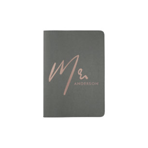 ROSE GOLD STONE GREY TYPOGRAPHY MR LAST NAME PASSPORT HOLDER