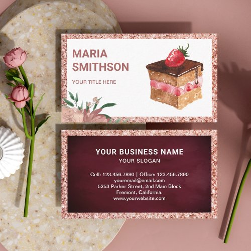 Rose Gold Strawberry Cake Slice Pastry Chef Bakery Business Card