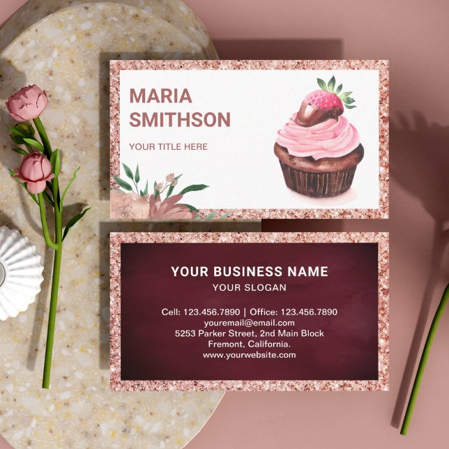 Rose Gold Strawberry Cupcake Pastry Chef Bakery Business Card (Creator Uploaded)
